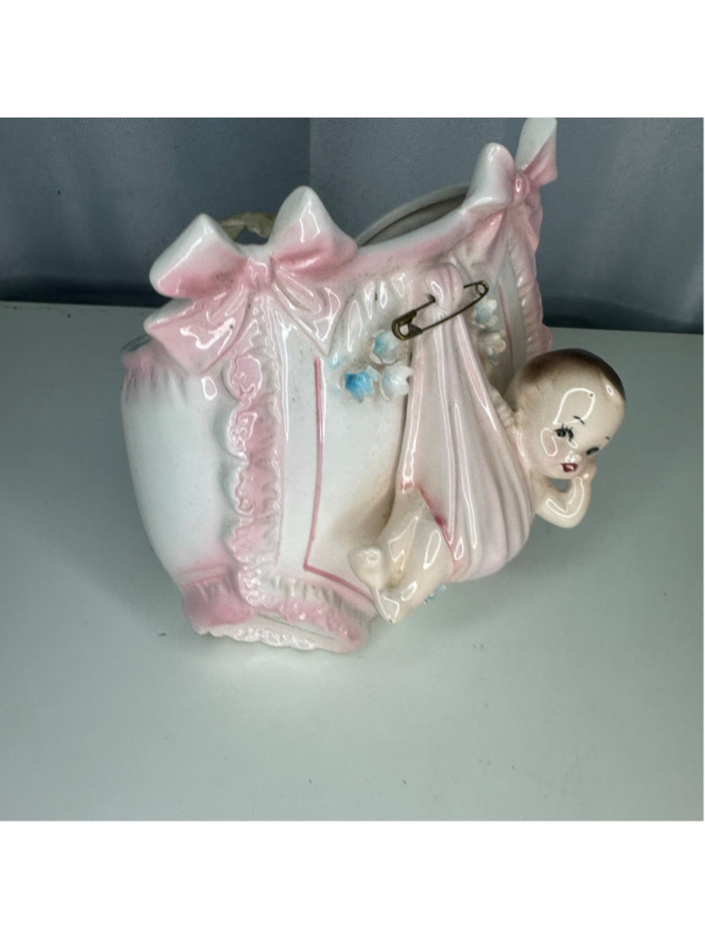 Vintage Ceramic Pink Baby Diaper Sling Wall Pocket Planter Rubens Japan 4921 - Picture 2 of 8